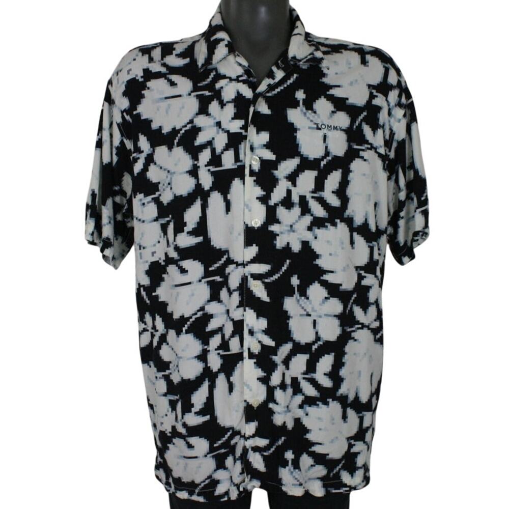 Vintage Tommy Hilfiger Floral Hawaiian Aloha Shirt Pixilated Digital Y2K Mens L